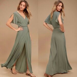 Lulu’s Much Obliged Olive Green Wrap Maxi Dresss